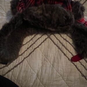 Plaid Trapper Hat with Faux Fur